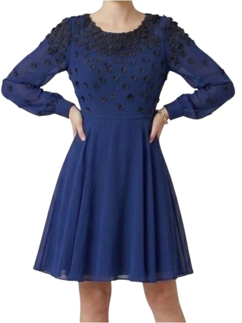 Focus by Shani Women’s Whimsigoth Floral Appliqué Navy Fit & Flare Dress Size 6